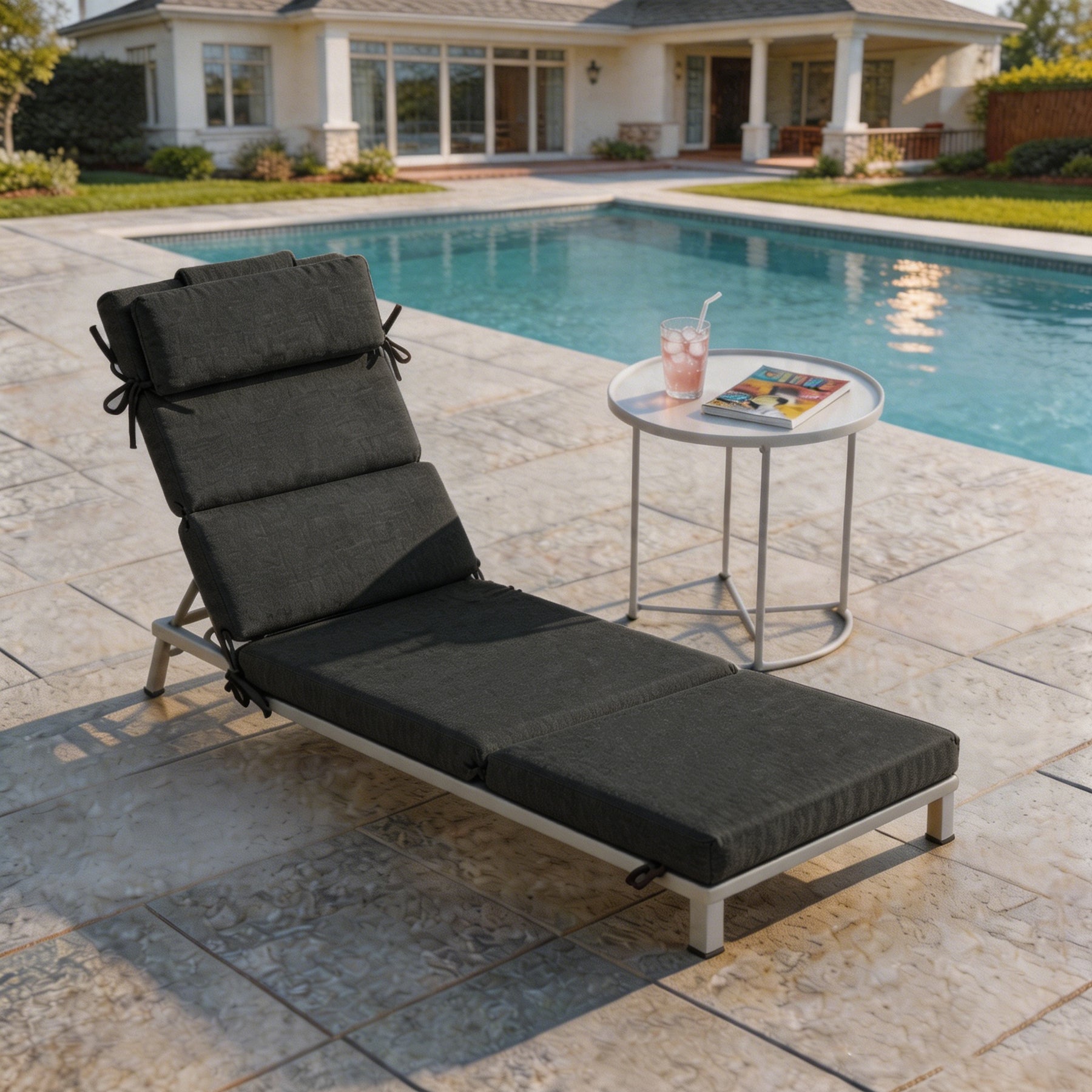 outdoor lounge chair cushion with head pillow, waterproof, fade-resistant, tear-resistant leisure chair cushion, suitable for terrace, lawn, pool, resort hotel
