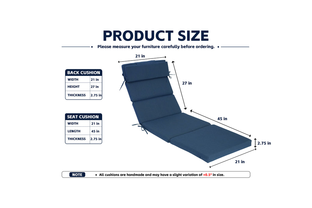 Outdoor Lounge Chair Cushion with Headrest – 1 & 2 Piece Sets, 42" x 72" x 2.75"