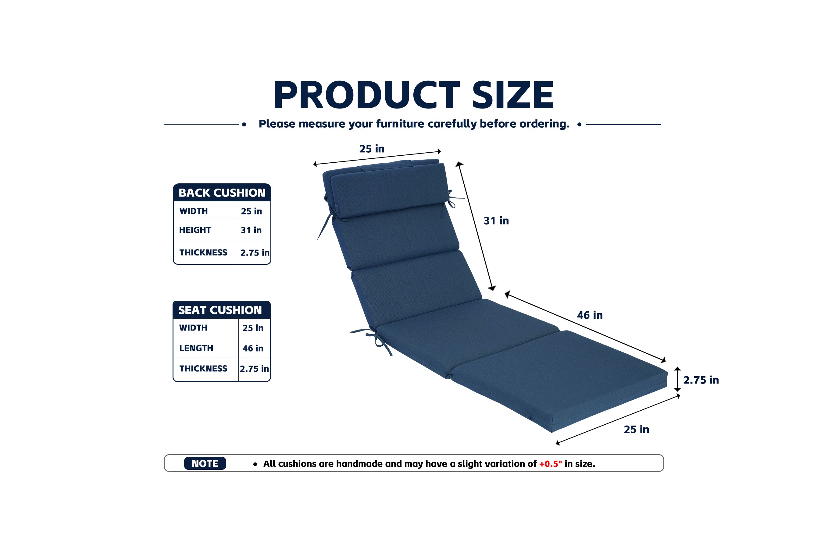 Outdoor Lounge Chair Cushion with Headrest – 1 & 2 Piece Sets, 50" x 77" x 2.75"