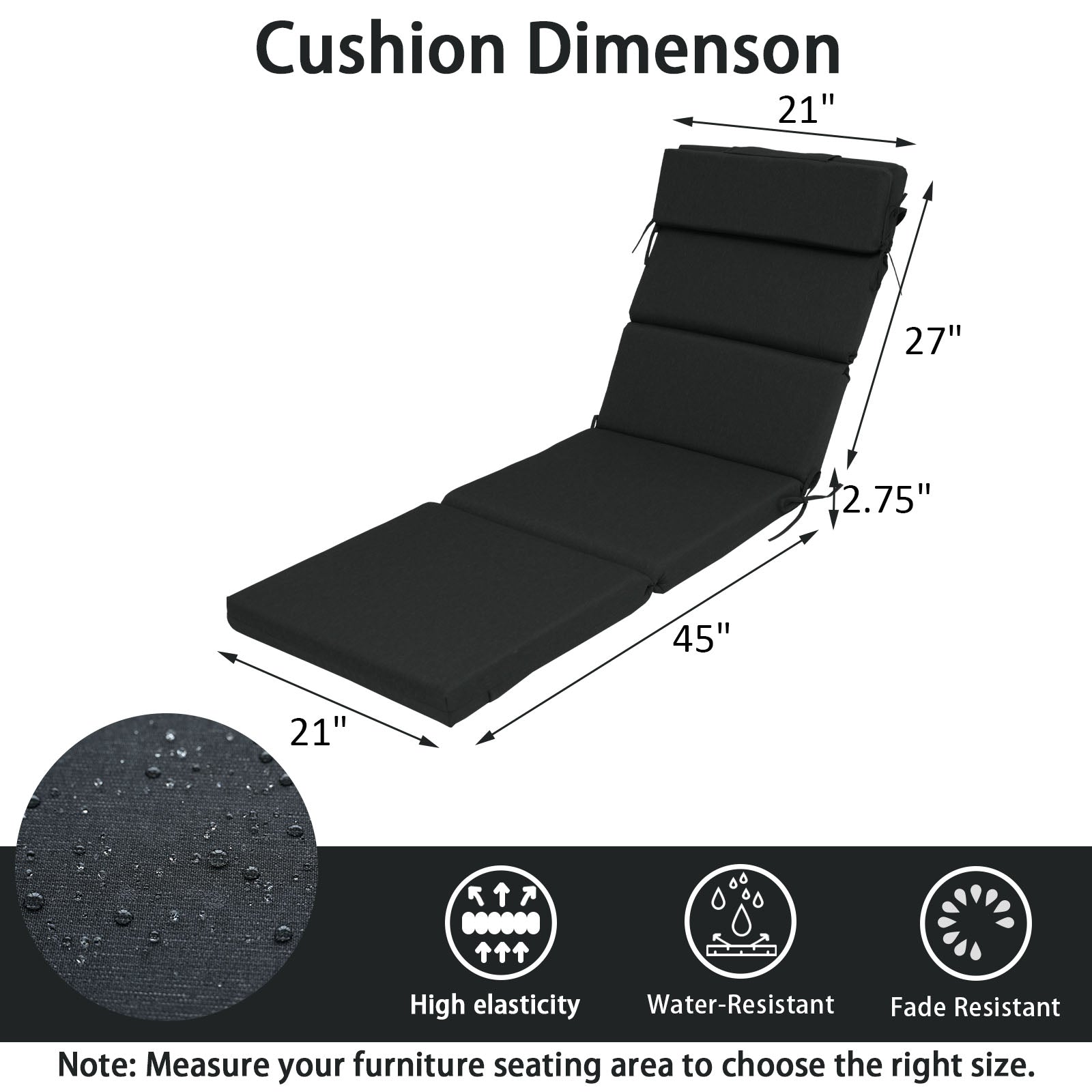 outdoor lounge chair cushion with head pillow, waterproof, fade-resistant, tear-resistant leisure chair cushion, suitable for terrace, lawn, pool, resort hotel