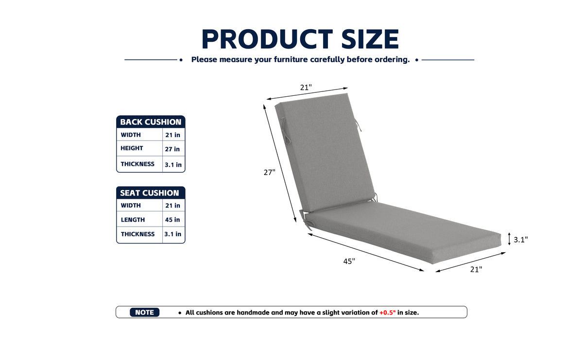 Outdoor Chaise Lounge Cushion, 72" x 21" x 3.1", Light Gray