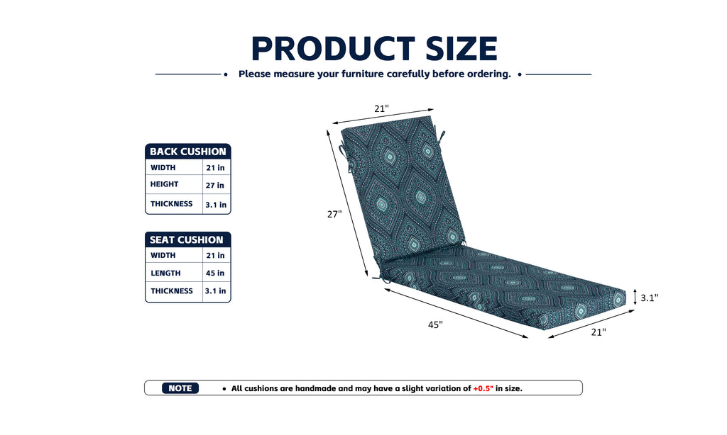 Outdoor Chaise Lounge Cushion, 72" x 21" x 3.1", Blue Medallion