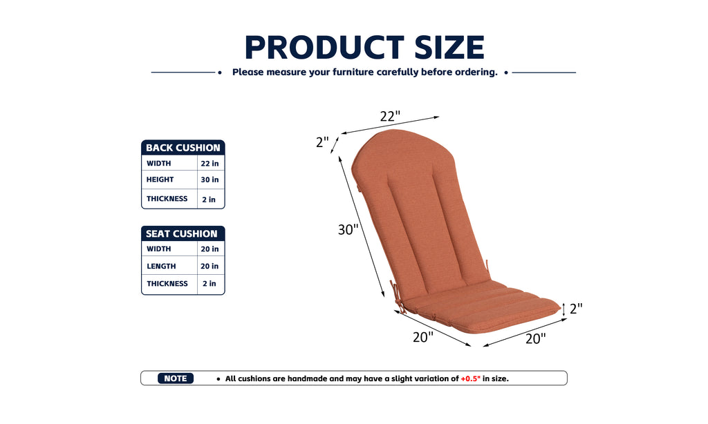 Outdoor Adirondack Chair Cushions 2-Pack, 20" x 50" x 2", Tangerine