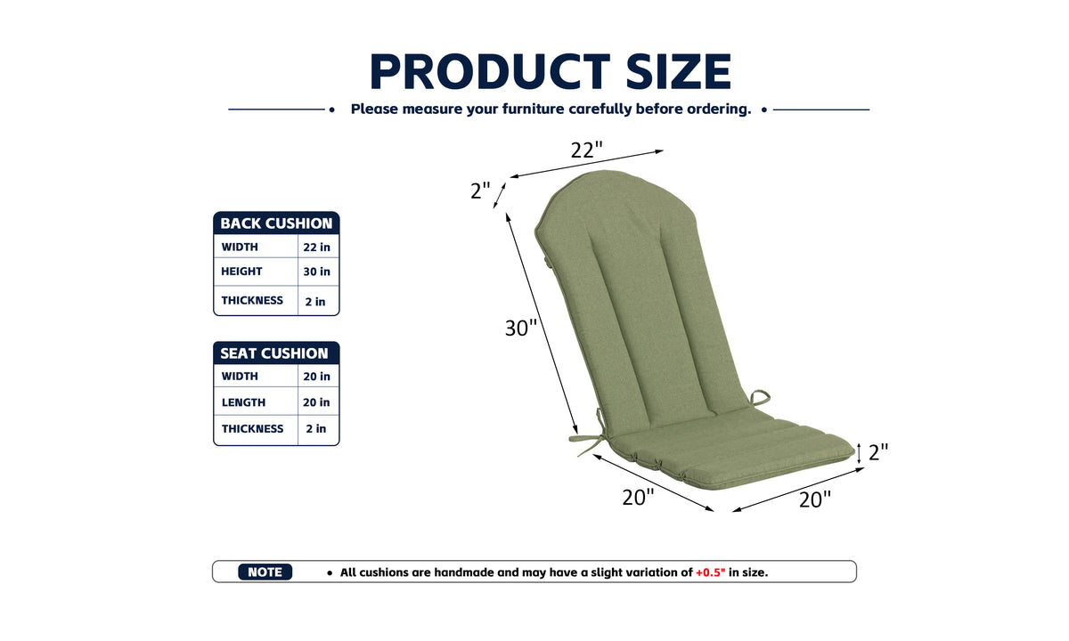 Outdoor Adirondack Chair Cushions 2-Pack, 20" x 50" x 2", Sage Green
