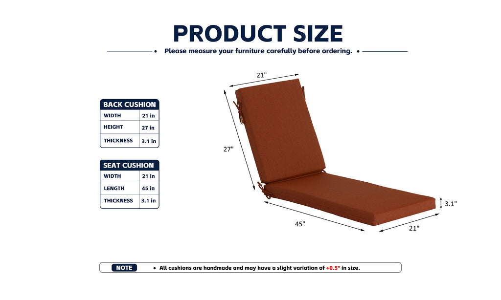 Outdoor Chaise Lounge Cushion, 72" x 21" x 3.1", Terracotta