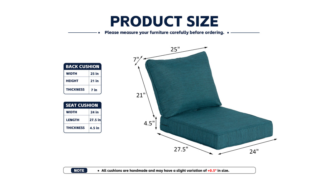 Premium Outdoor Deep Seat Cushion 2 Sets, 24" x 28" x 4.5", Teal