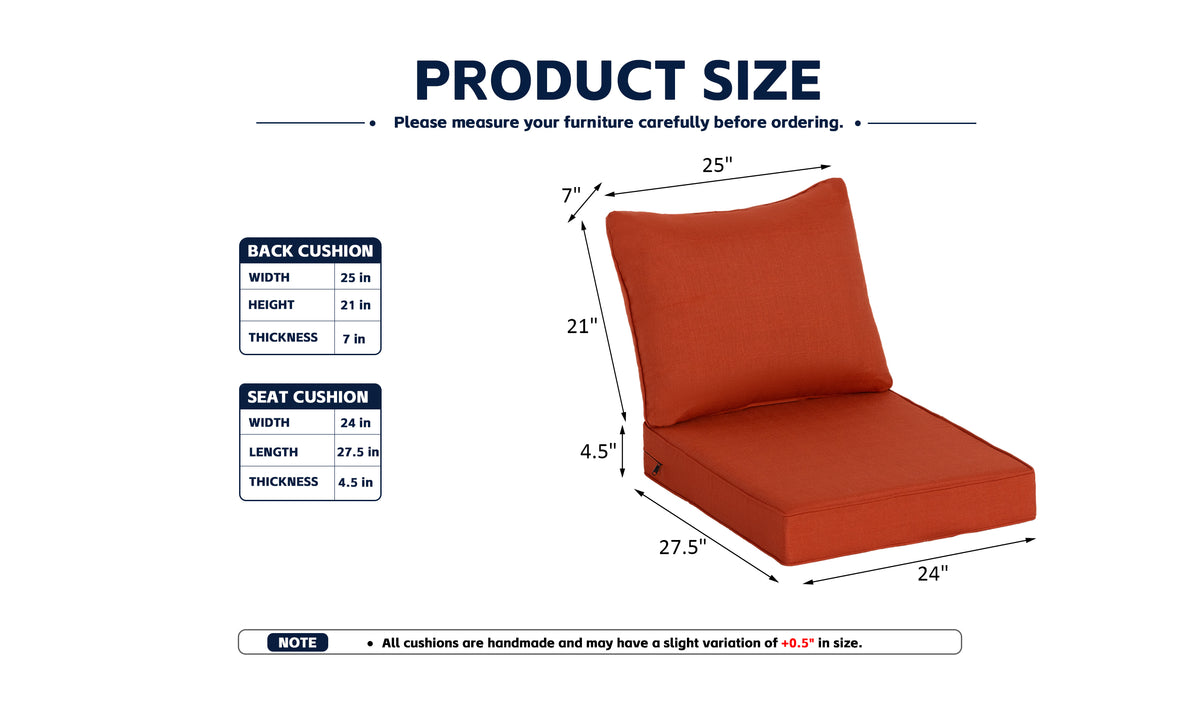 Premium Outdoor Deep Seat Cushion 2 Sets, 24" x 28" x 4.5", Orange