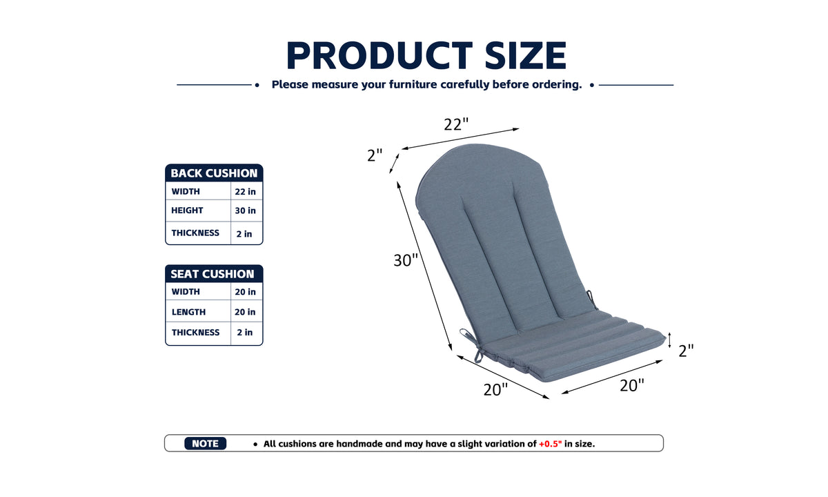 Outdoor Adirondack Chair Cushions 2-Pack, 20" x 50" x 2", Dusty Blue