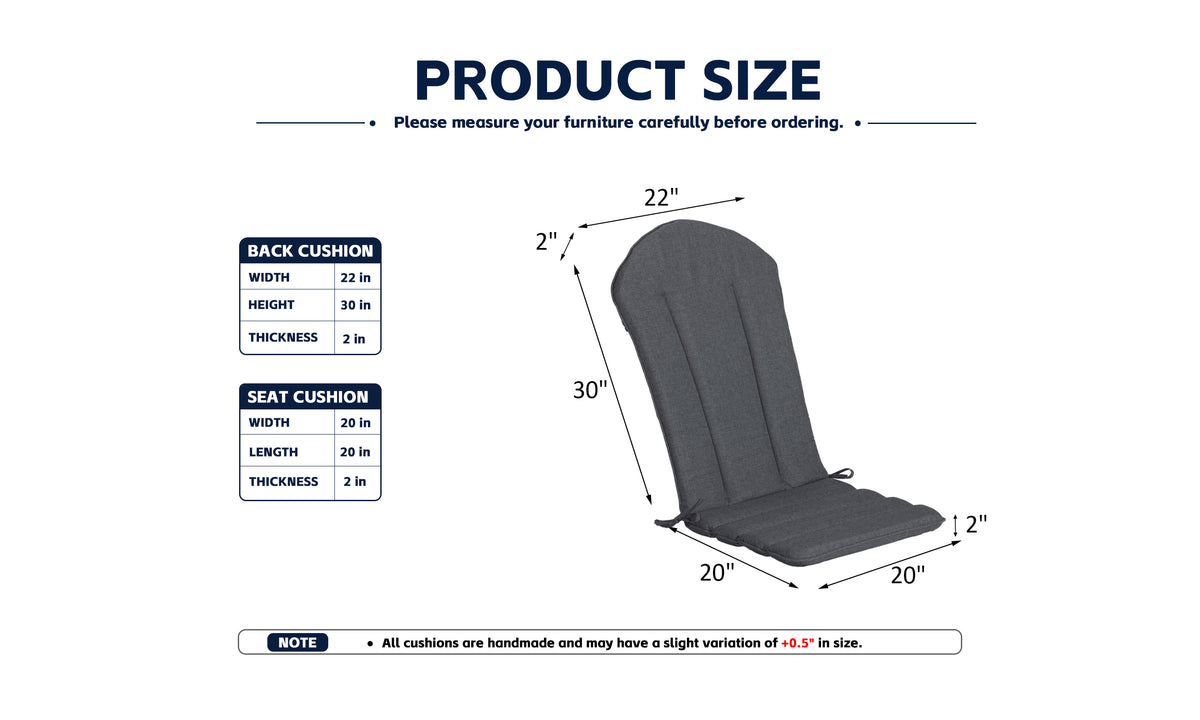 Outdoor Adirondack Chair Cushions 2-Pack, 20" x 50" x 2", Graphite
