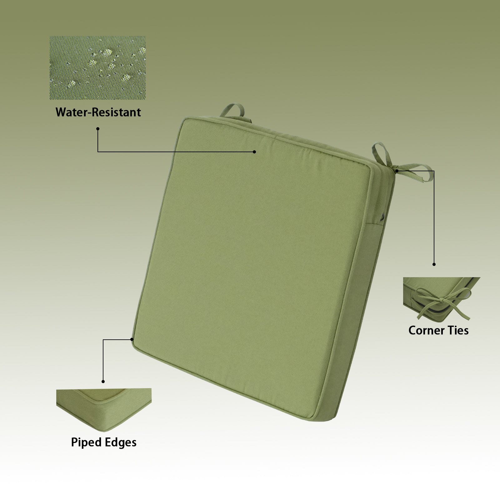 Outdoor Chair Cushions Set of 4,350GSM Fabric,Water-Resistant UV Resistant Weather Resistant with YKK Zippers, Square Corner Patio Chair Cushions with Ties, 20"x20"x3.1"