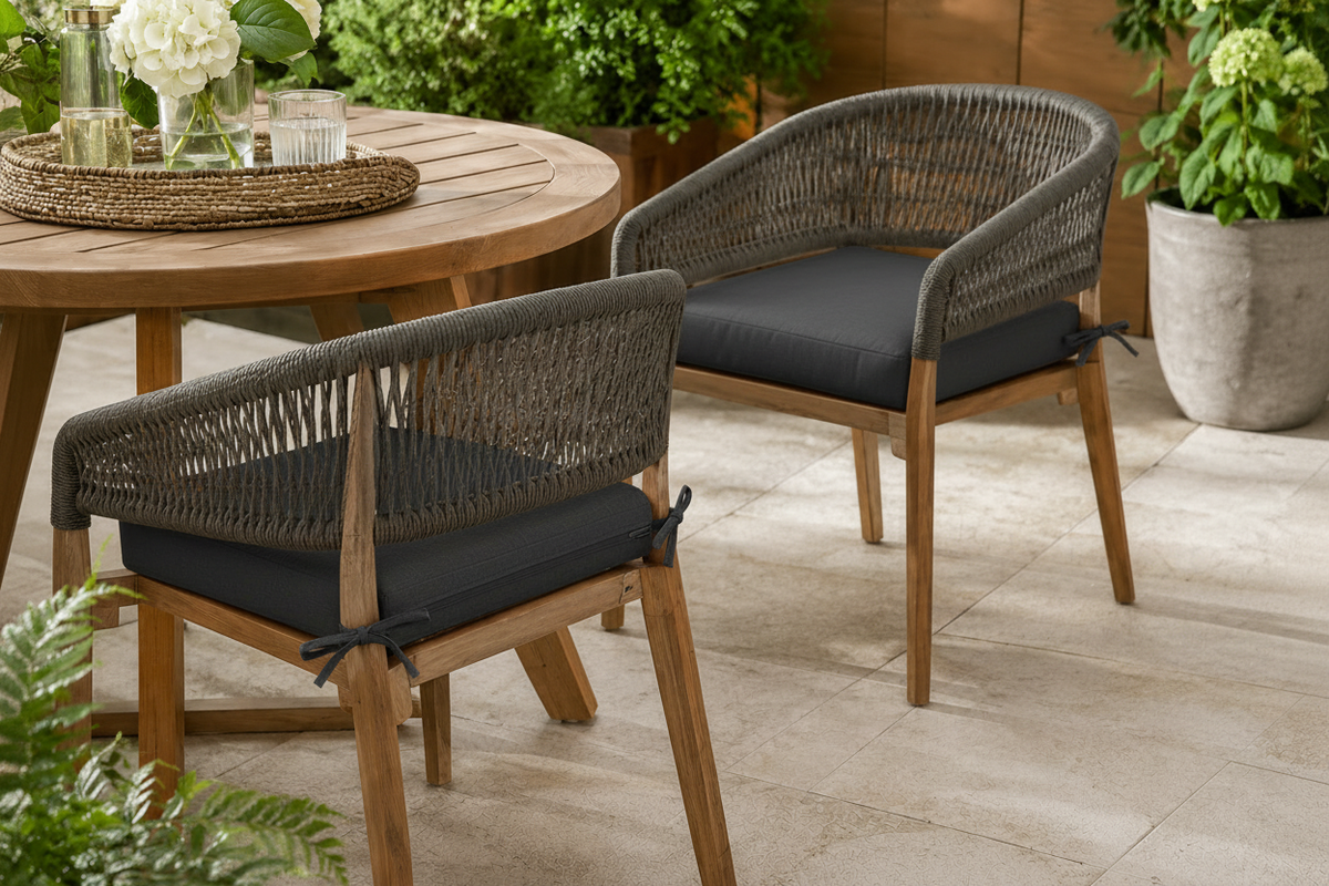 Patio chairs with dark gray cushions