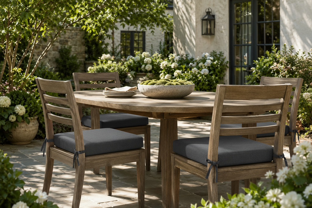 Patio dining set with dark gray cushions
