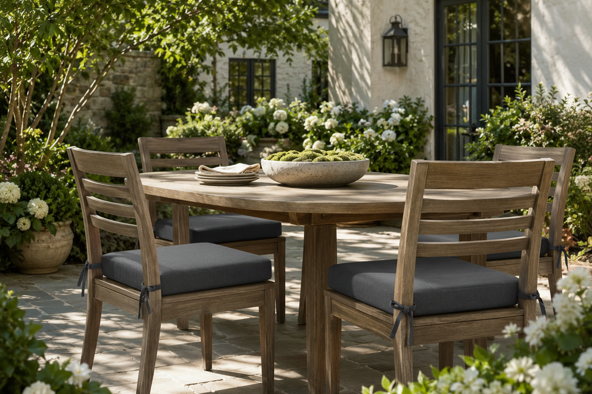 Patio dining set with dark gray cushions